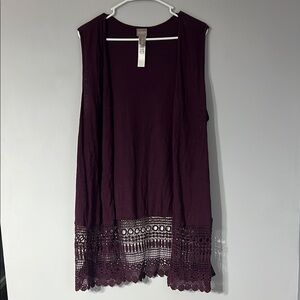 CHICO'S COTTON SLUB LACE HEM VEST SOLID ROYAL BORDEAUX